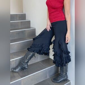 Caraucci Black Ruffle Wide-Leg Pants